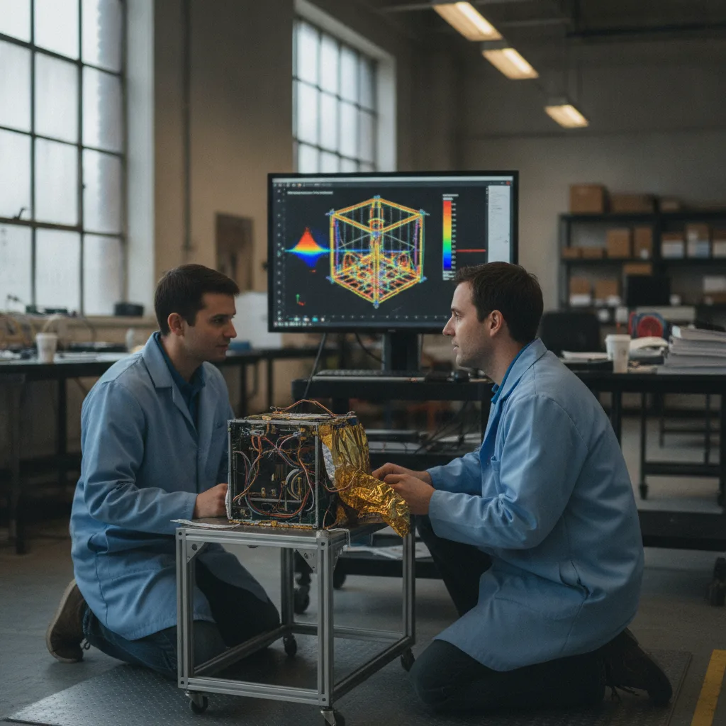 Two startup engineers inspecting a small satellite on a lab bench with a vibration-analysis simulation on a monitor behind them